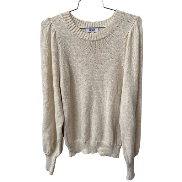 525 America Sweater Size Medium Puff Sleeve Crewneck Pullover Cream Cozy Staple - Picture 2 of 8